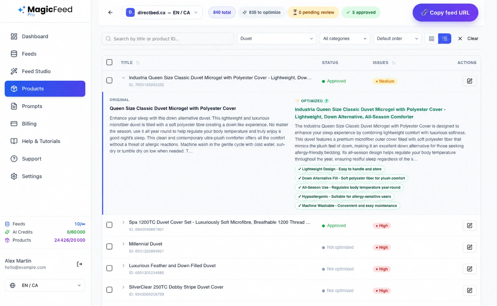 The MagicFeedPro products screen: a duvet listing opened on its original title and description beside the rewritten ones and five generated highlights, with 835 of 840 products still queued to optimize.